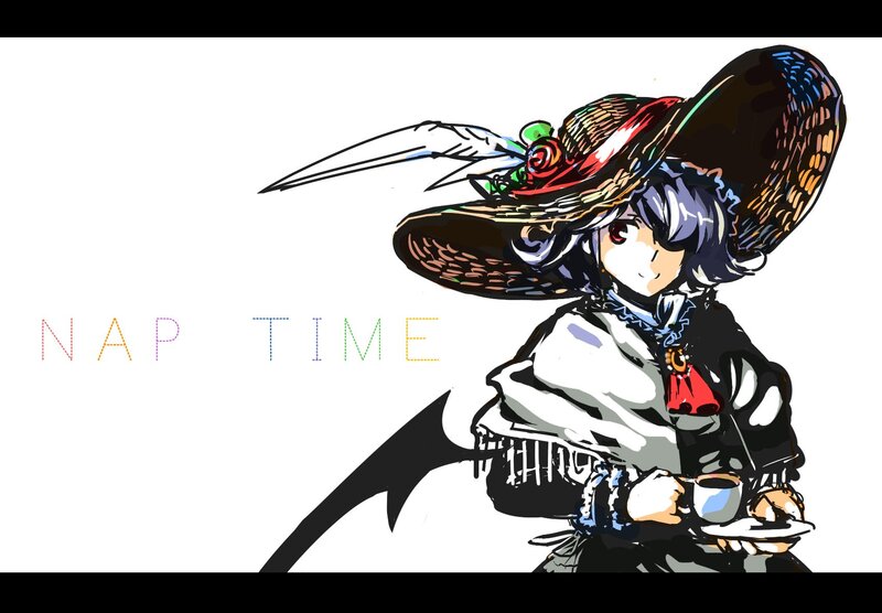 character with large hat holding tea