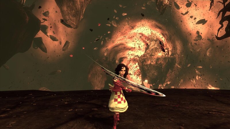 character with large sword in explosion