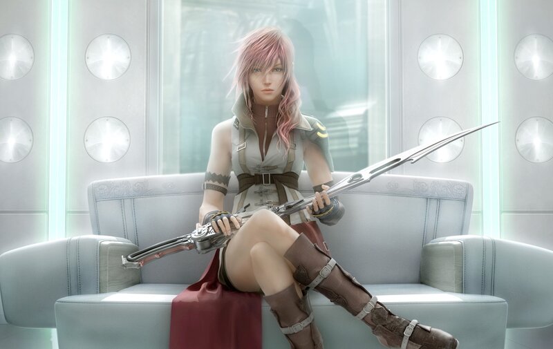 Character with large sword on couch