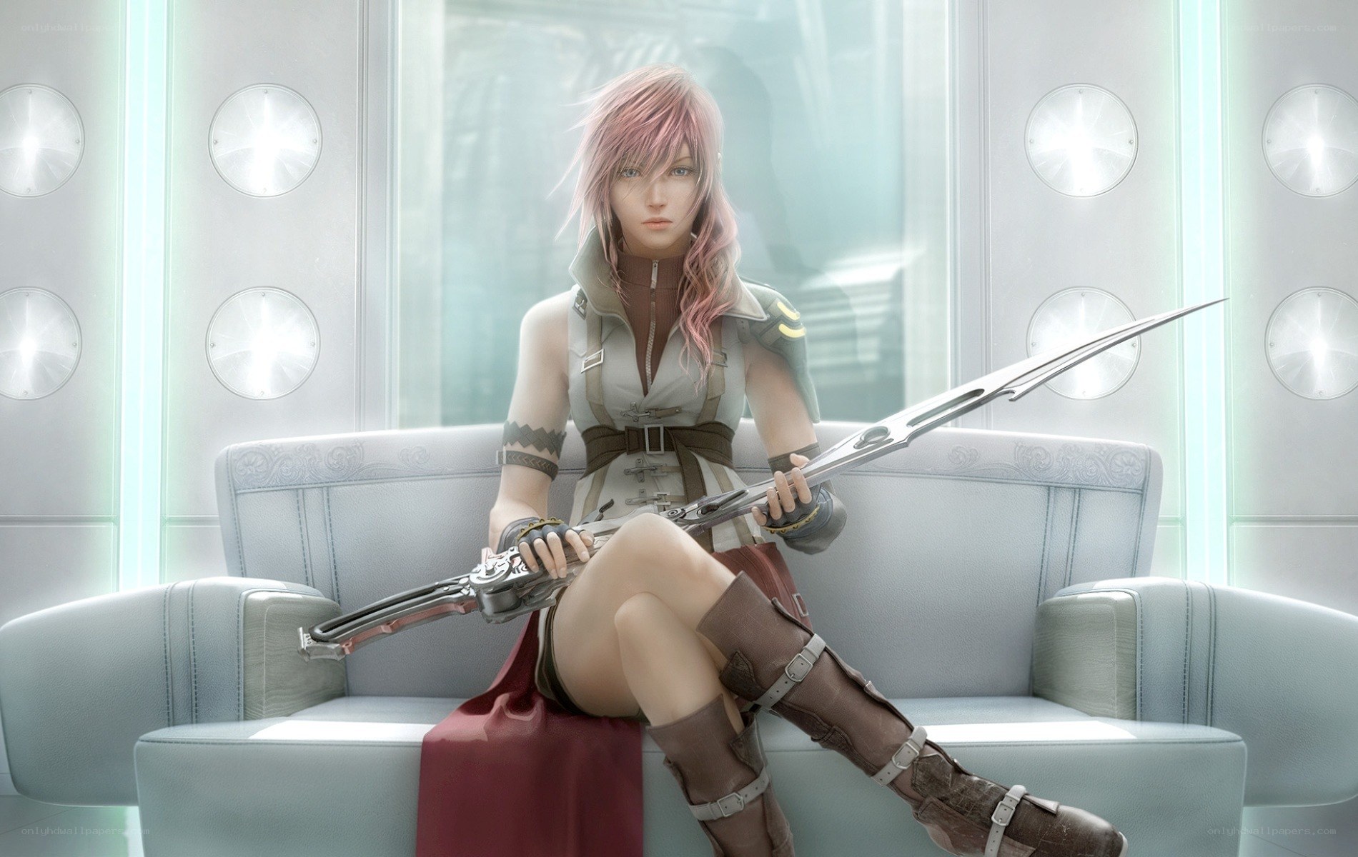 Character with large sword on couch
