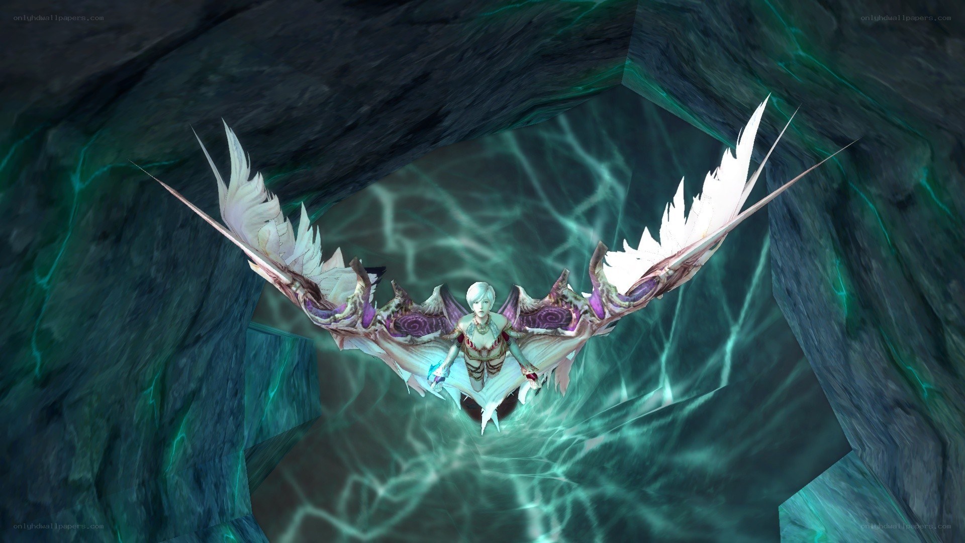 character with large wings in cave