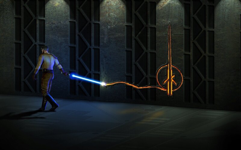 character with lightsaber