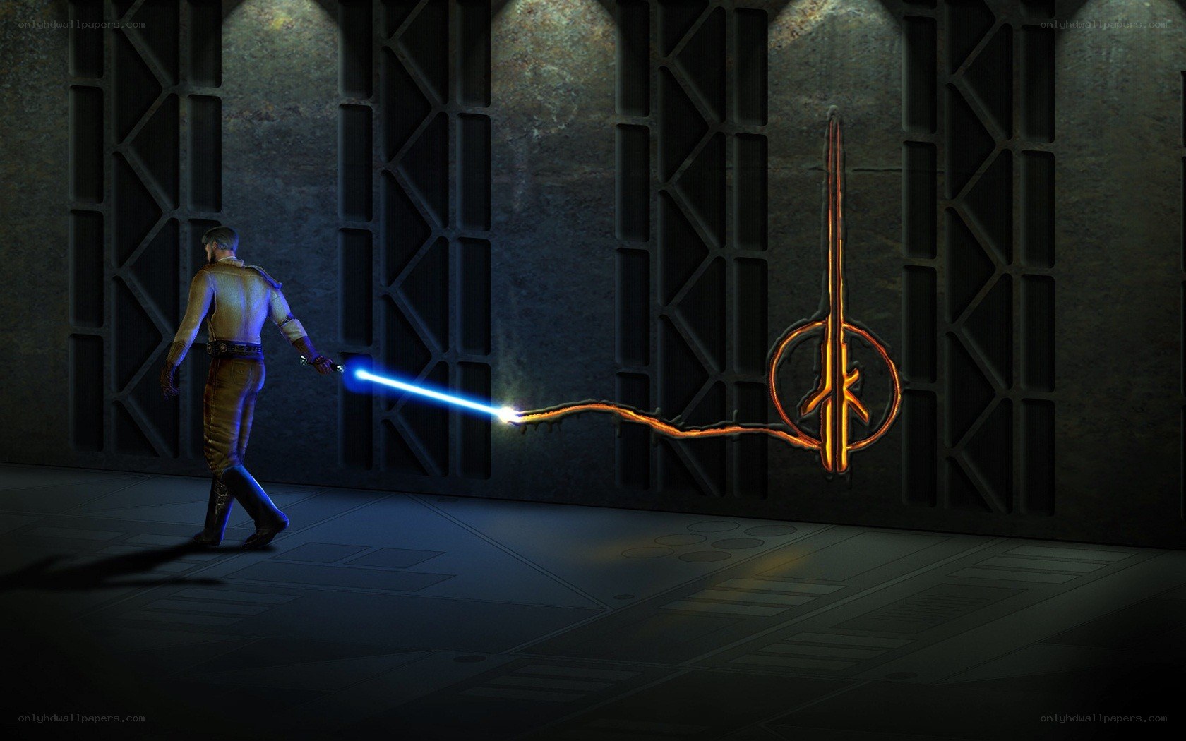 character with lightsaber
