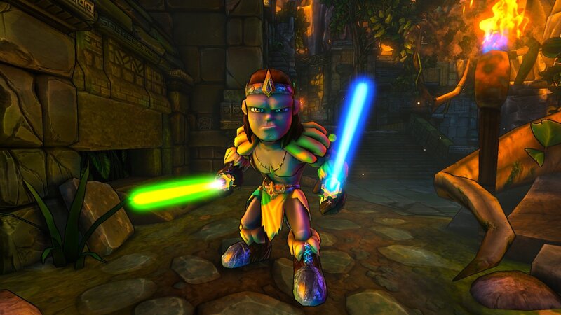 character with lightsabers in temple