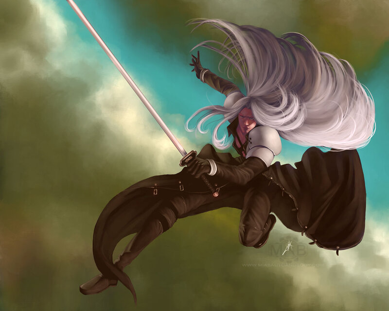 Character with Long White Hair — Green