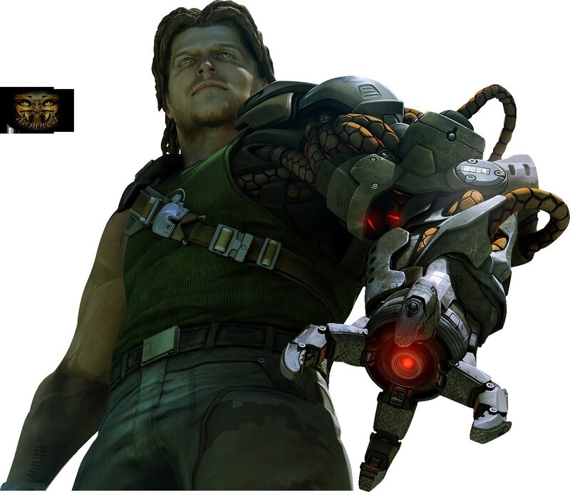 character with mechanical arm