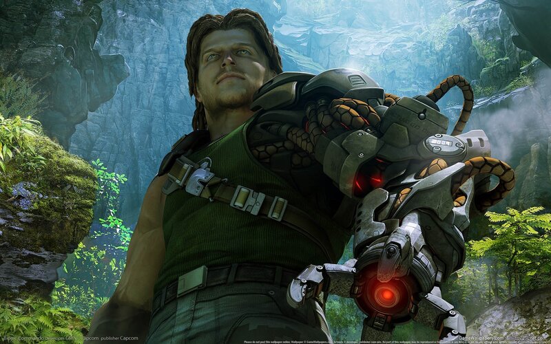 character with mechanical arm in jungle