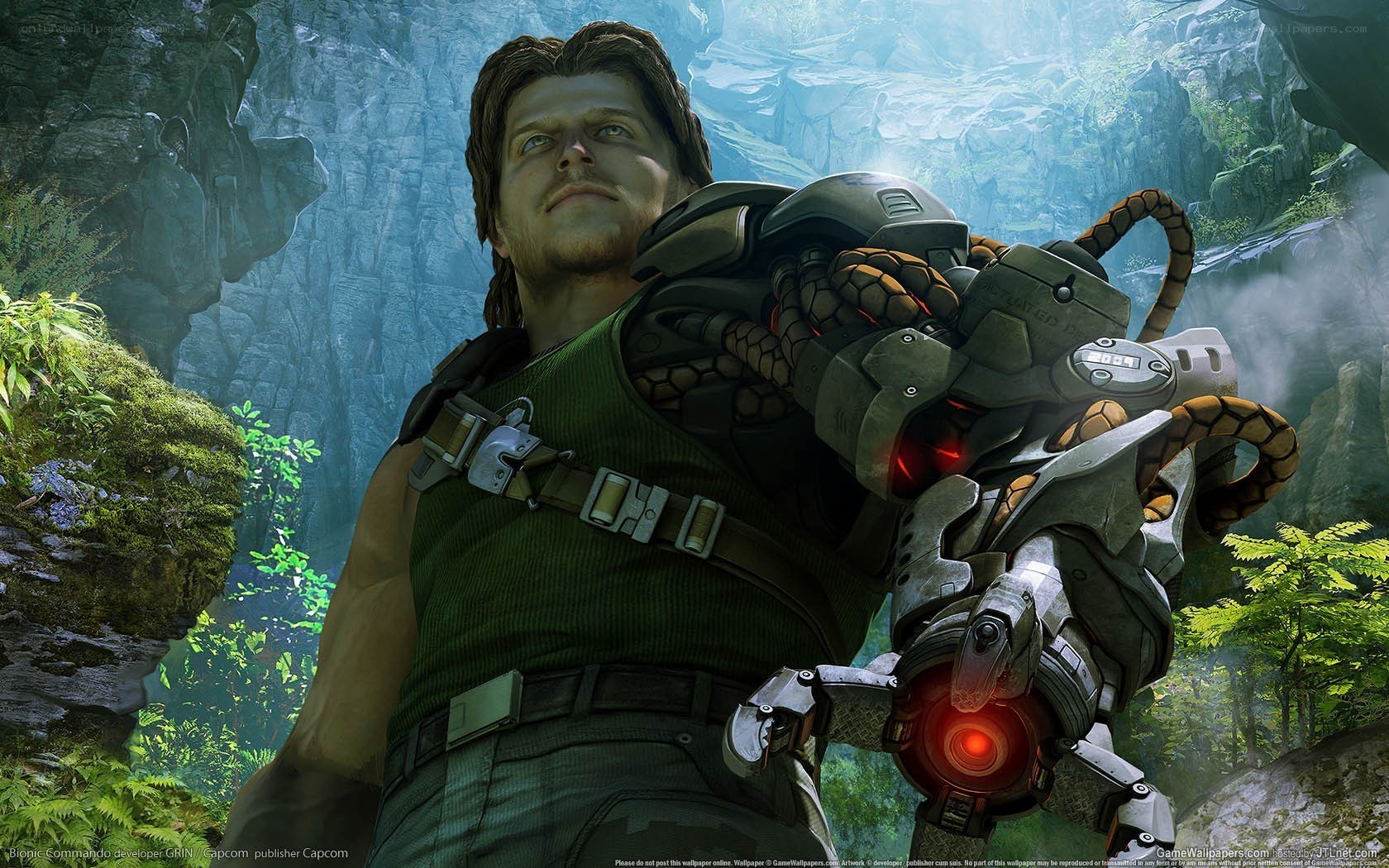 character with mechanical arm in jungle