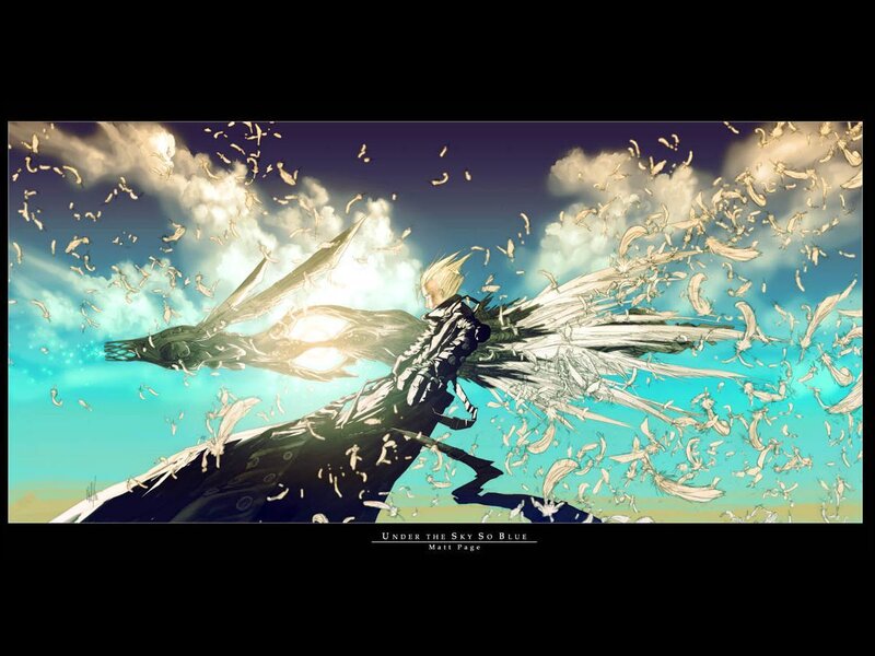 Character with mechanical wings in sky
