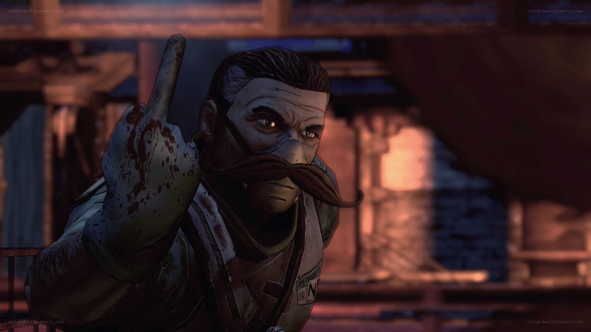 character with mustache and blood