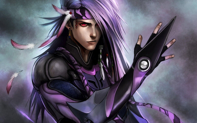 Character with Purple Hair — Dramatic, Digital Art, Feathers