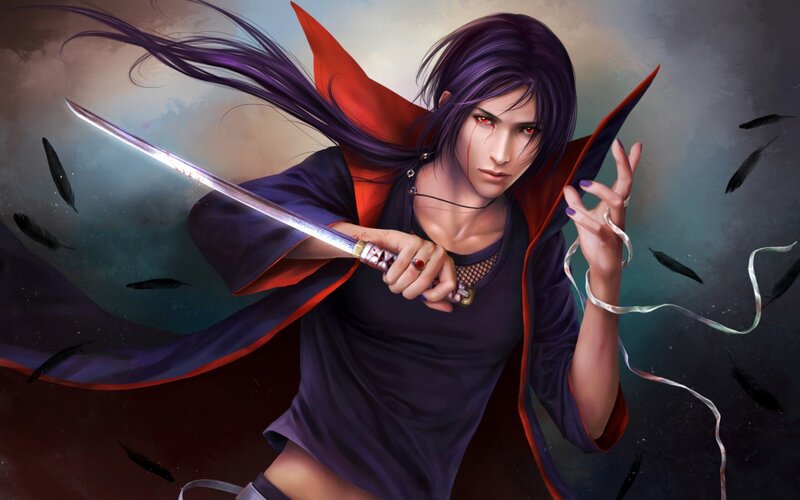 Character with Purple Hair — Dramatic, Digital Art, Sword
