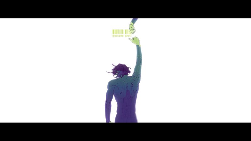 character with raised arm