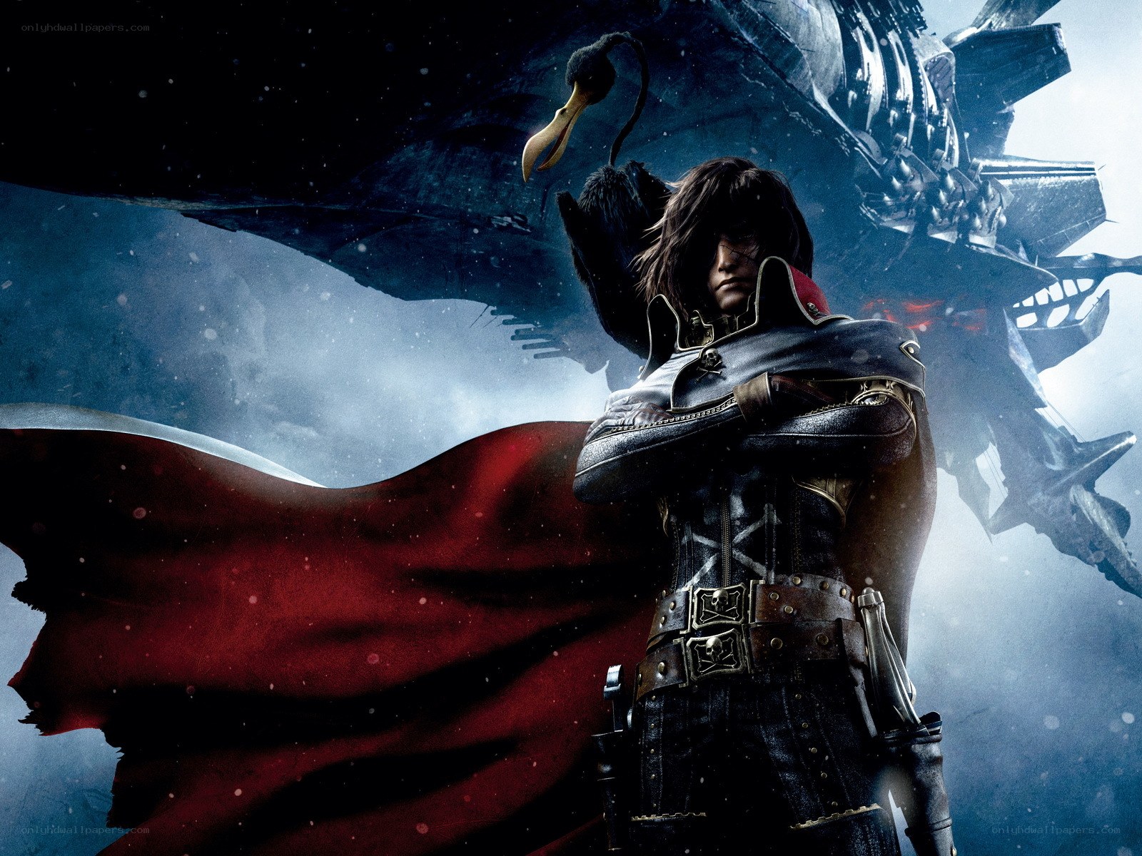 character with red cape and bird