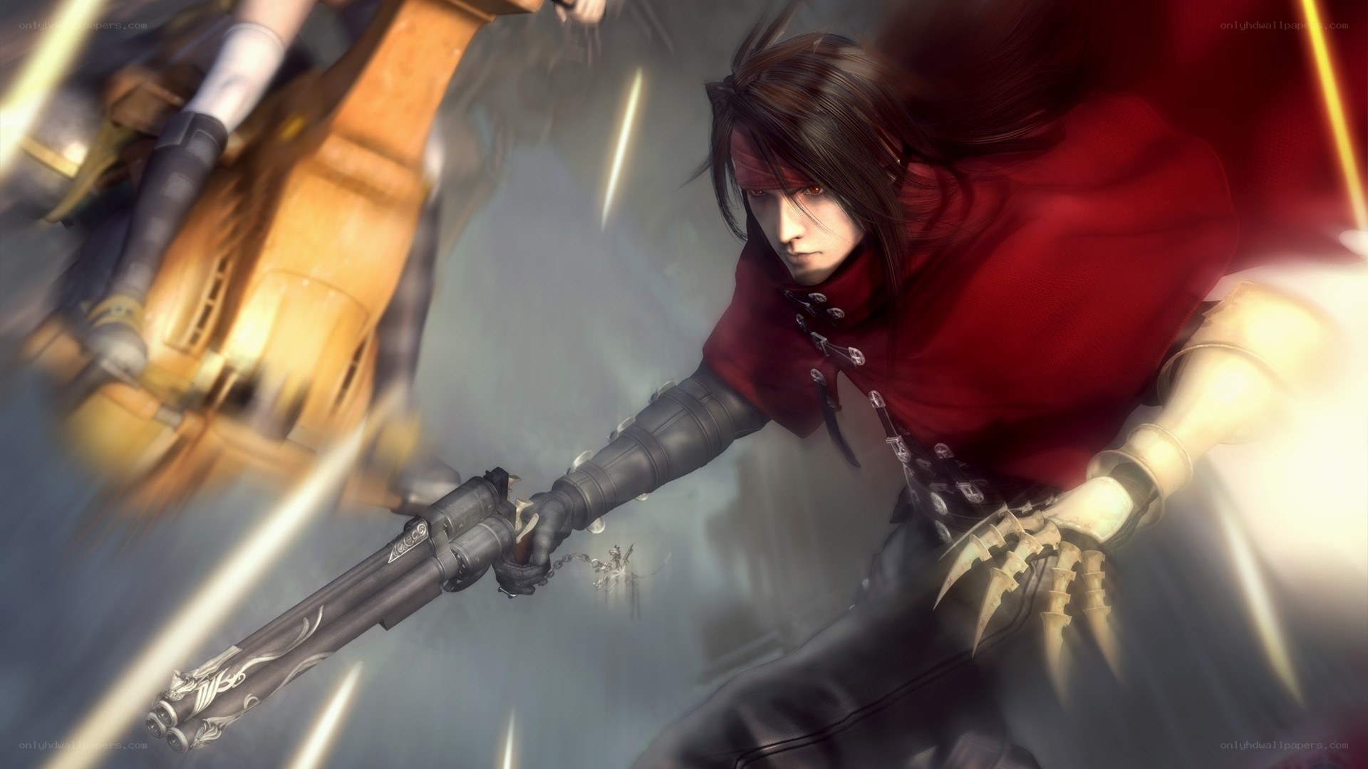 character with red cloak and gun