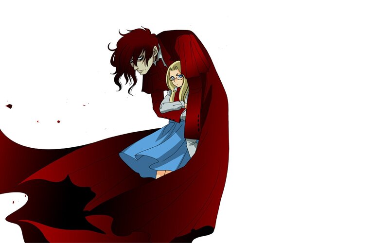 Character with red cloak protecting girl