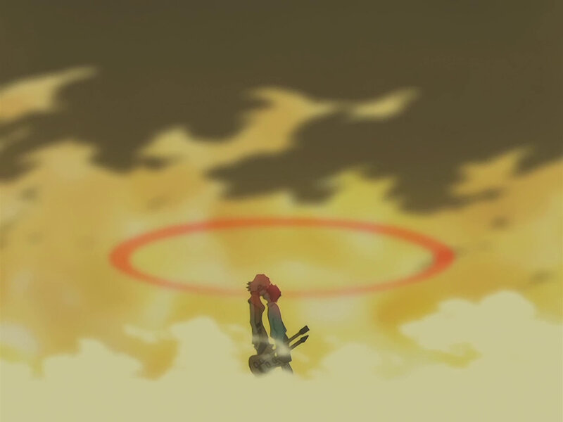 character with red ring in sky