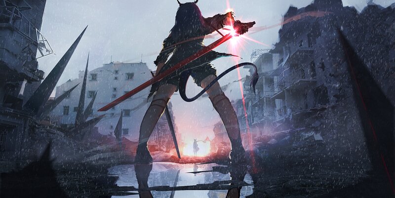 Character with Red Sword — Dramatic, Sunset