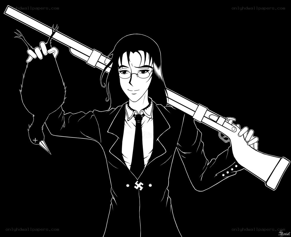 character with rifle and bird