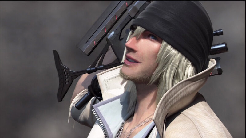 character with rifle over shoulder