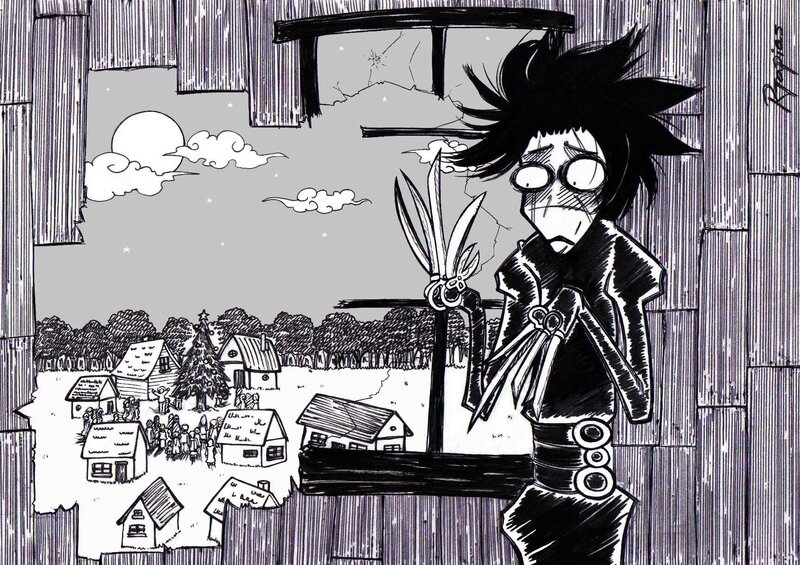 character with scissors in village