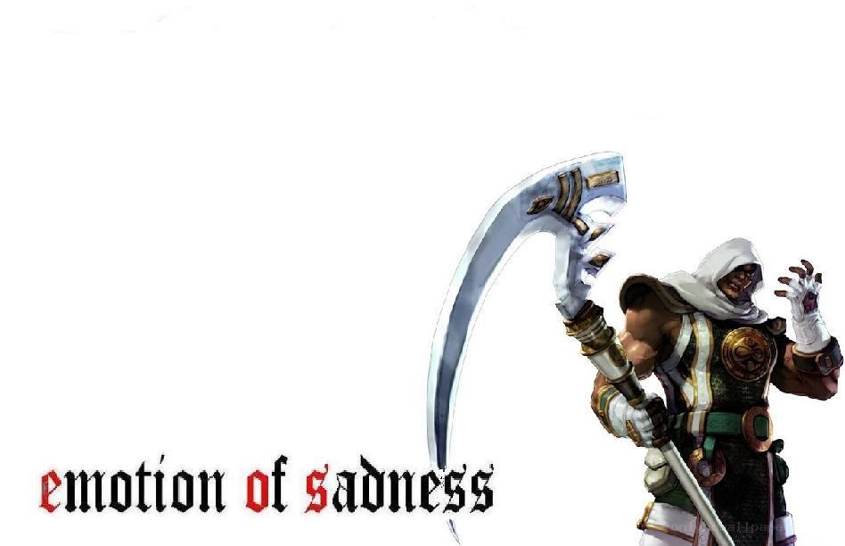 character with scythe and sad text