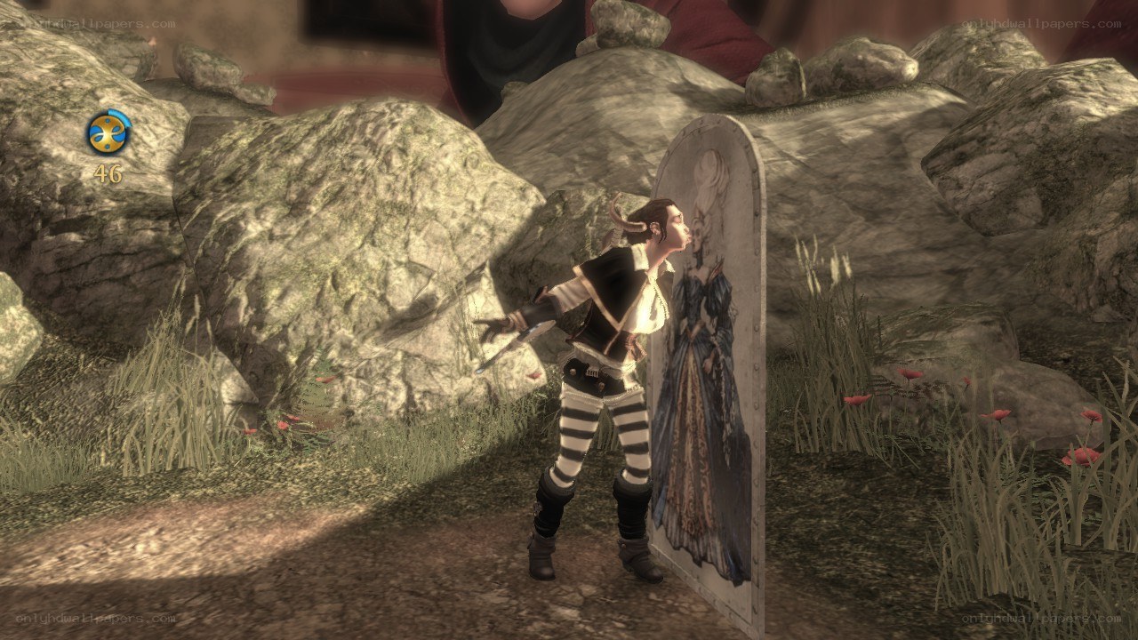 character with shield in rocky area