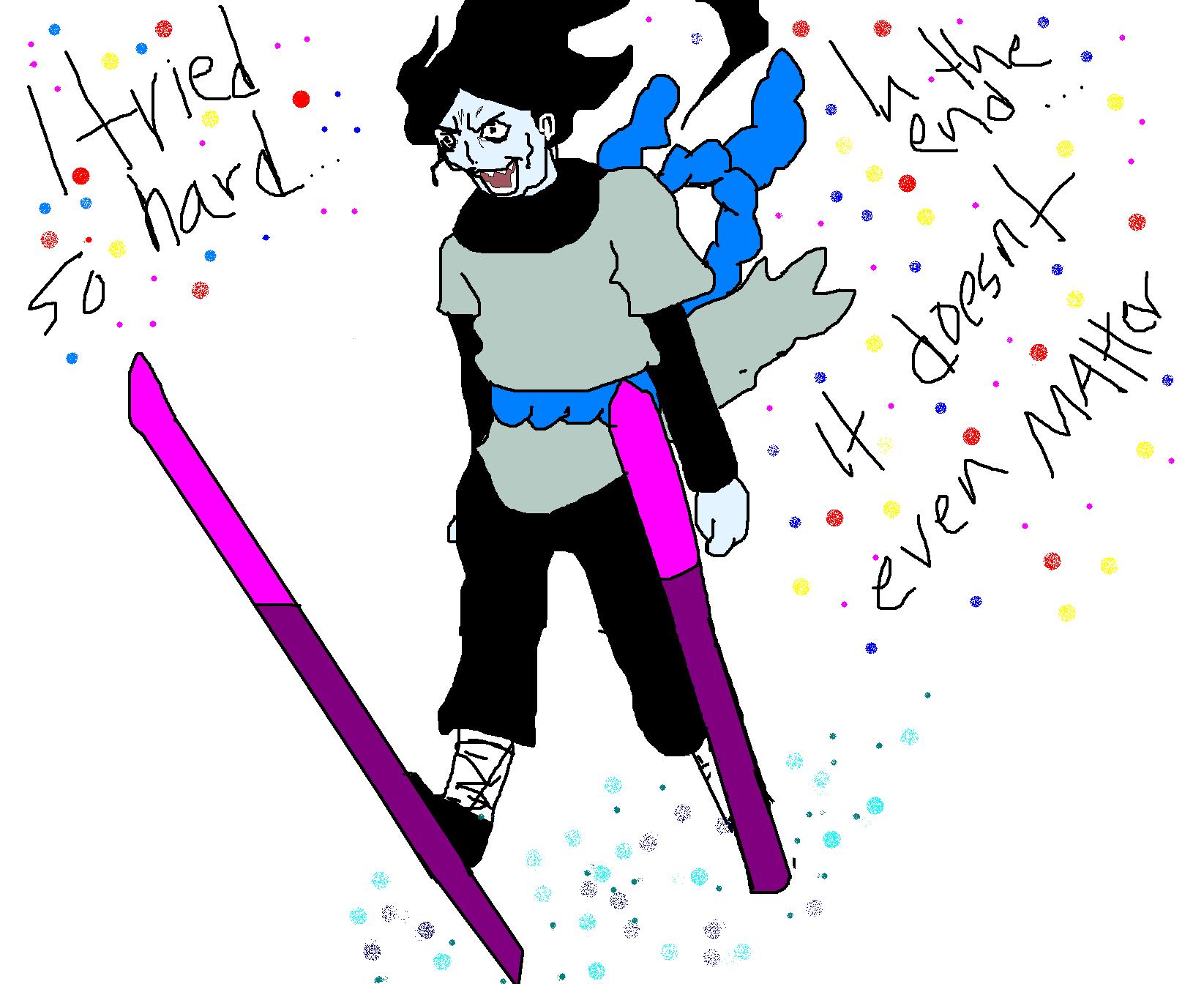 character with skis and text
