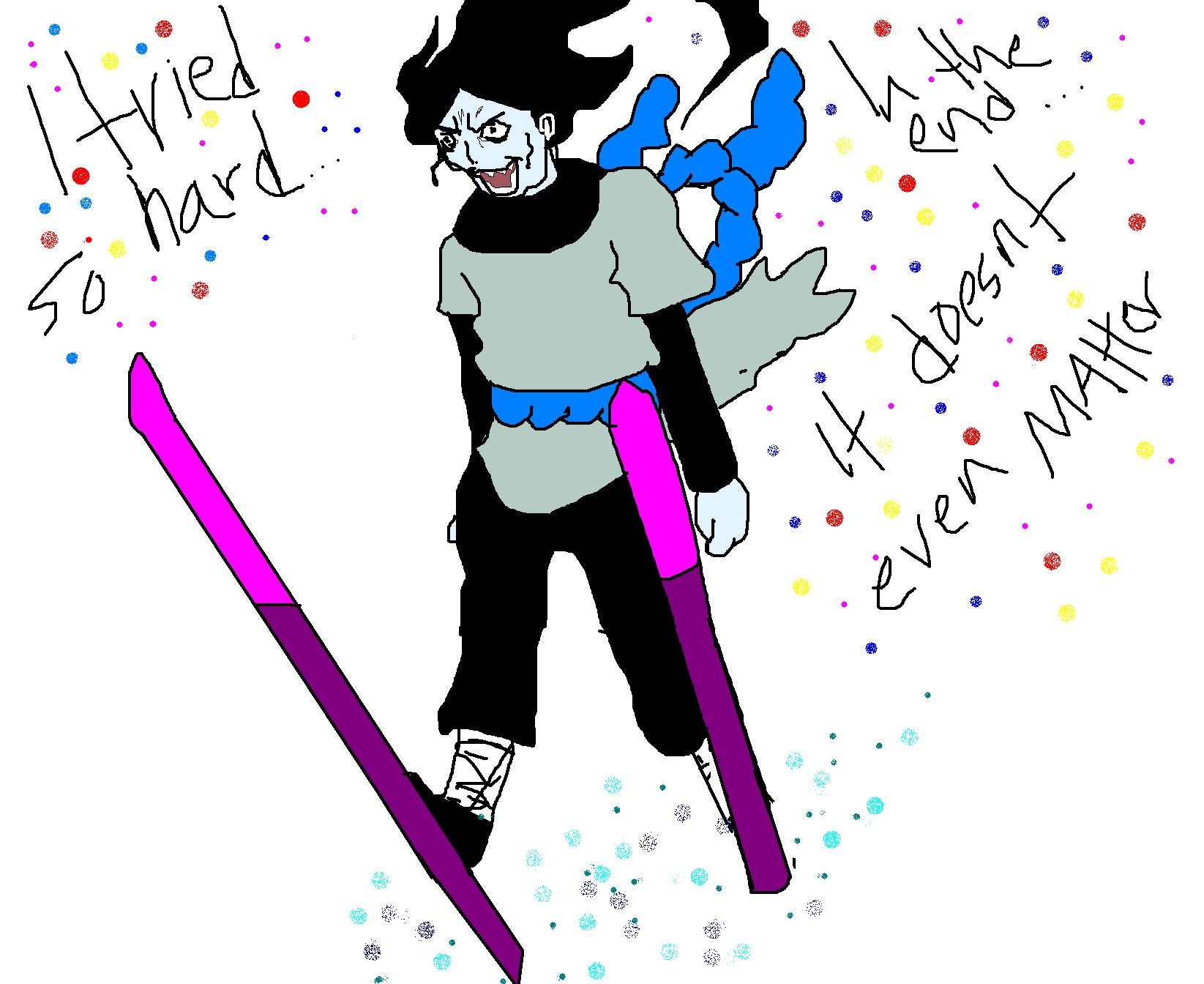 character with skis and text