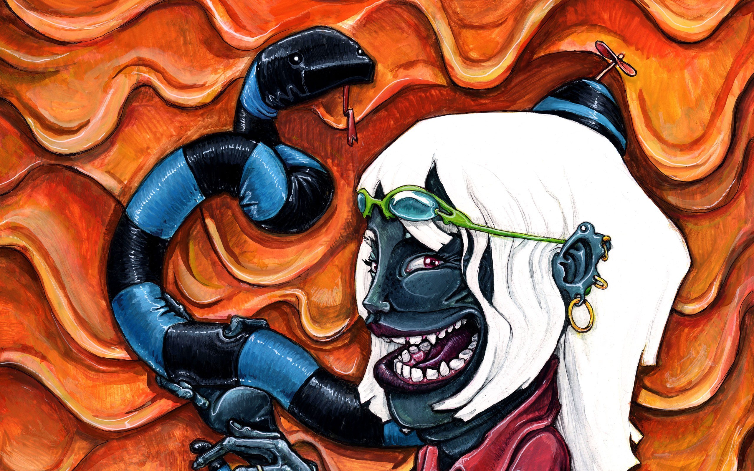 Character with snake in fiery background