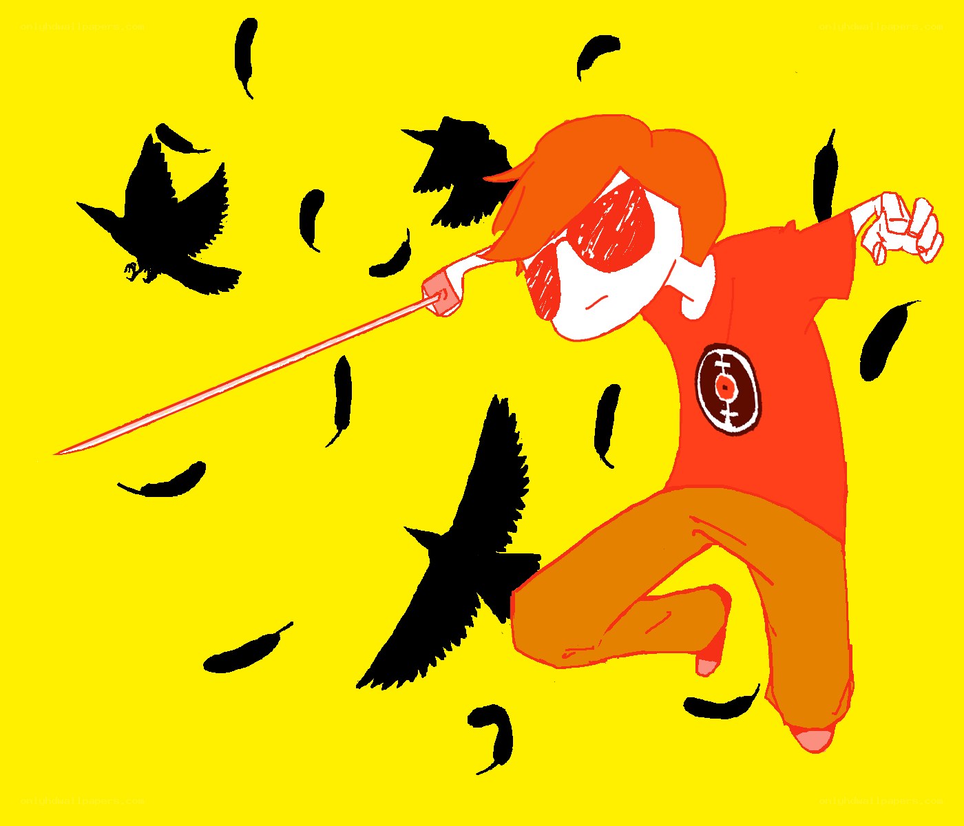 character with sword and birds