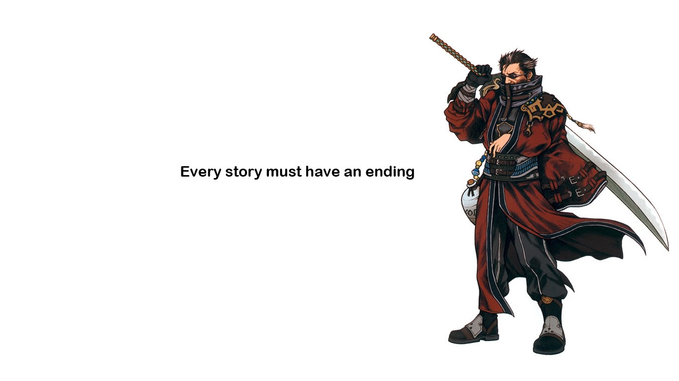 Character with sword and quote