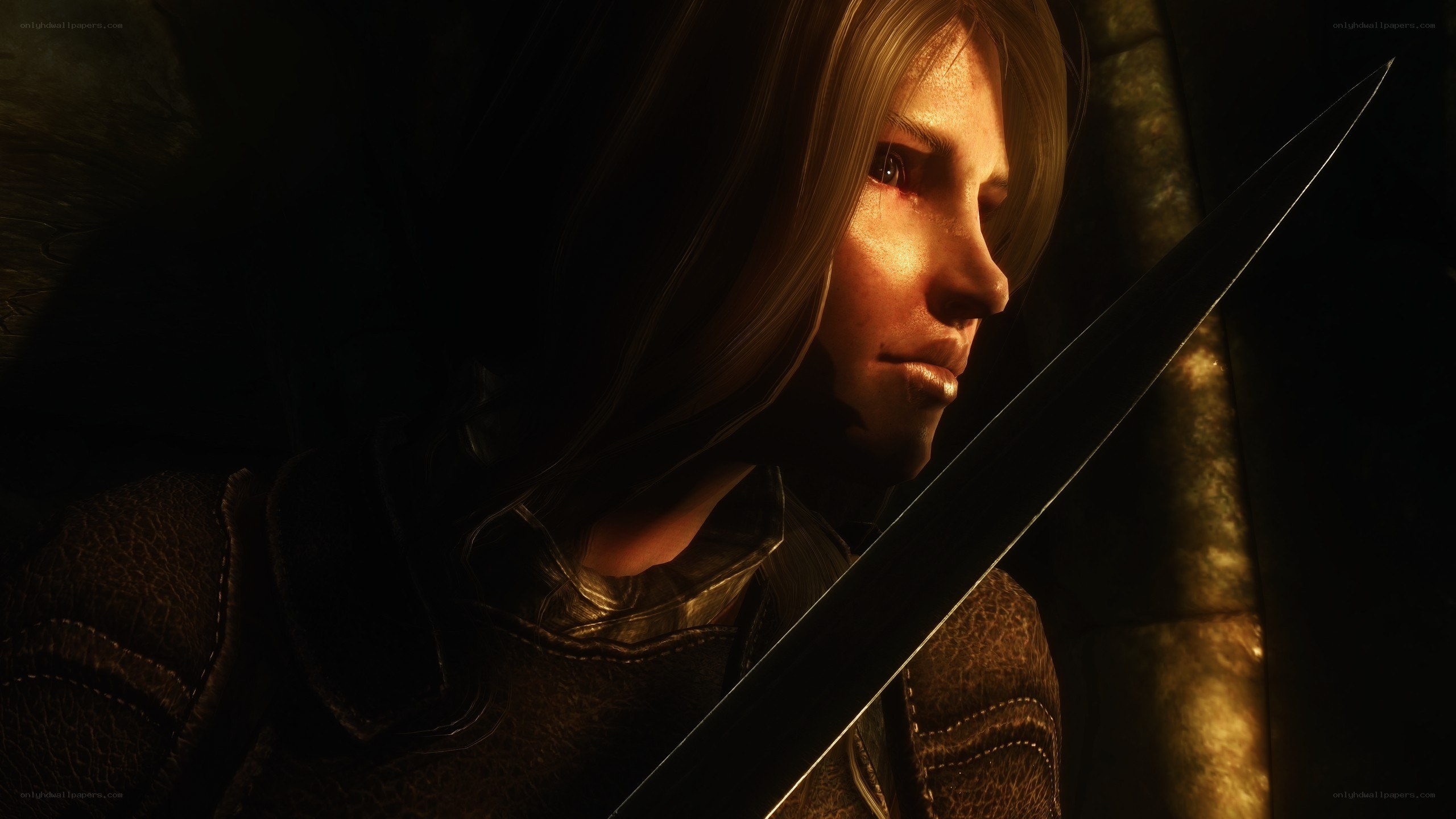 character with sword in dark room