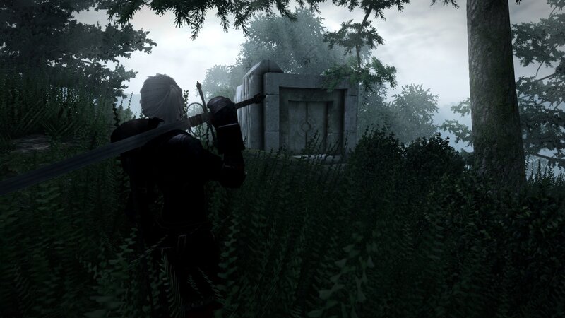 Character with sword in forest