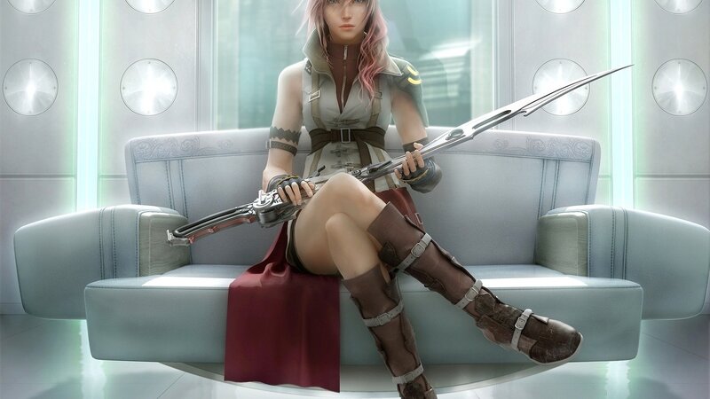 Character with sword on couch