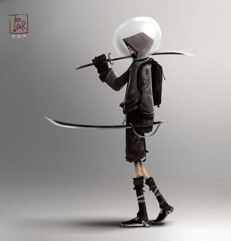 Character with Swords — Gray