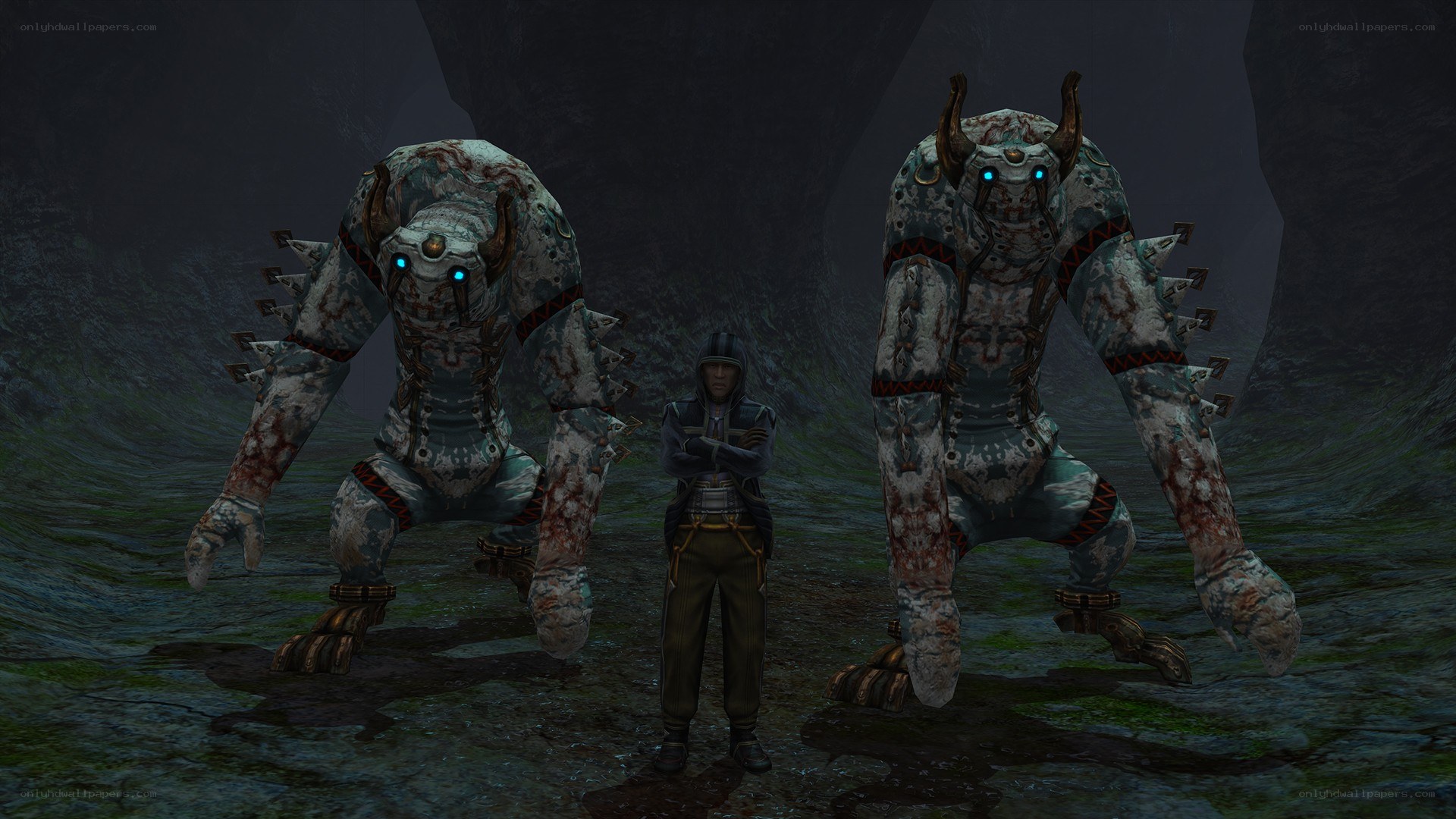 Character with two large creatures