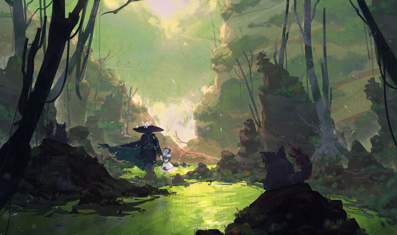 Character with Umbrella in Forest