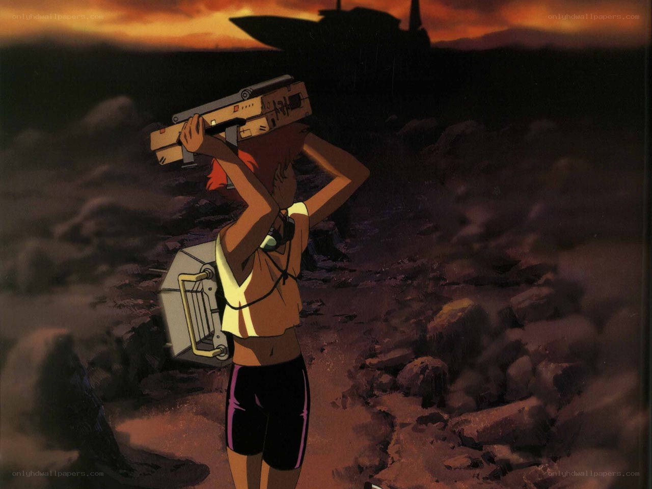 character with weapon at sunset