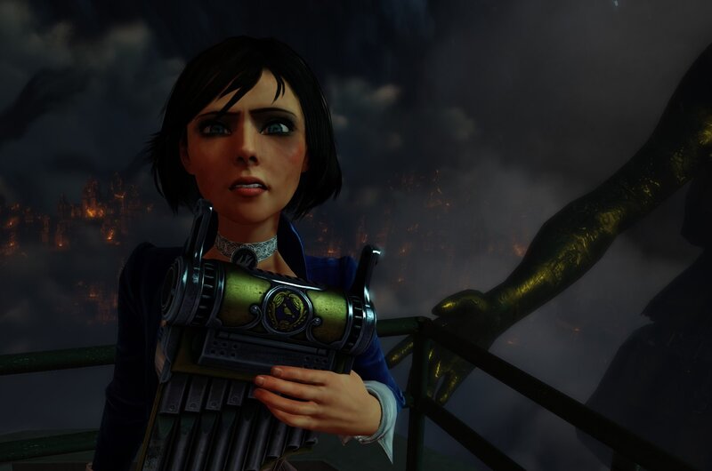 character with weapon in dark city