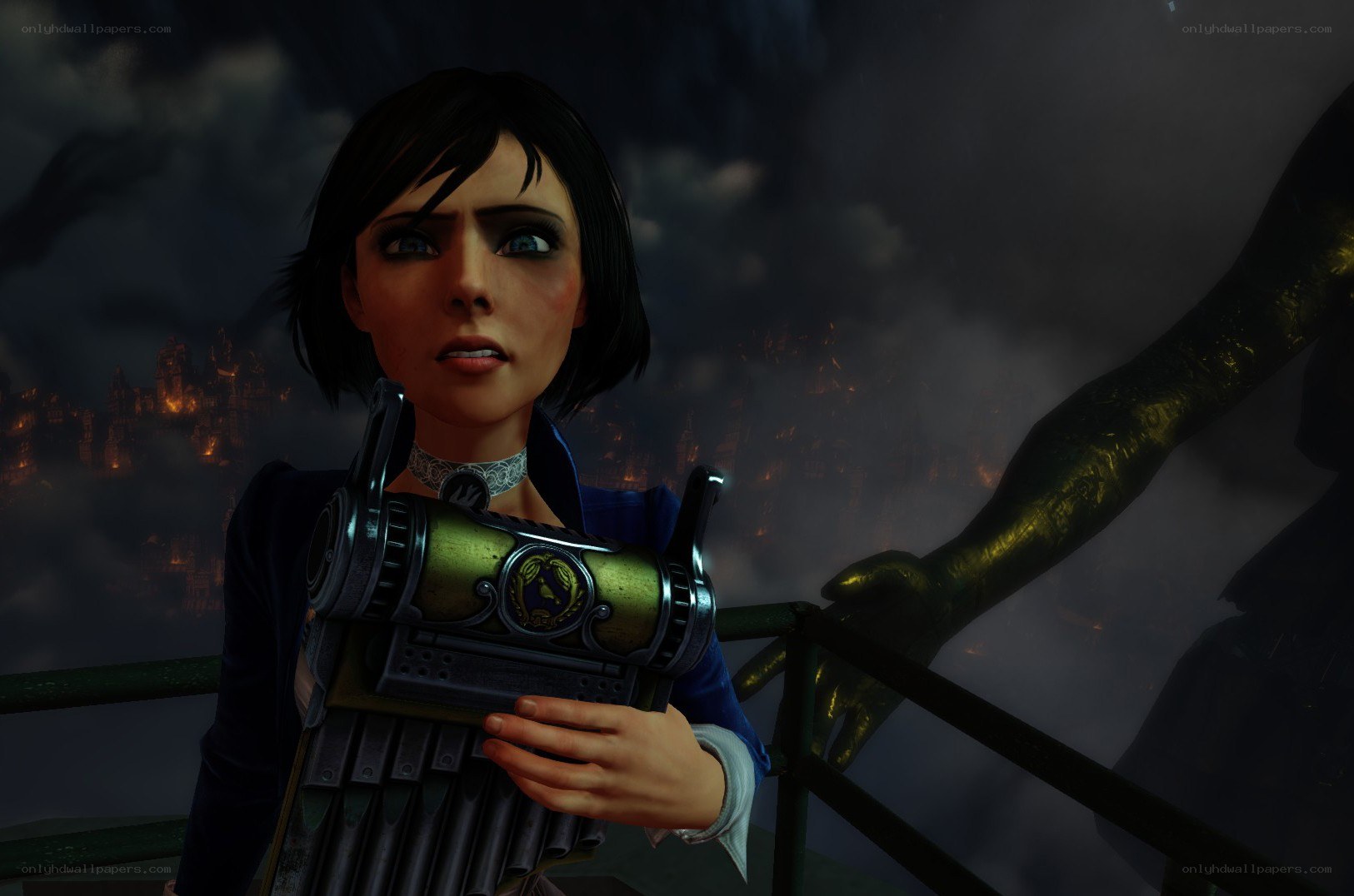 character with weapon in dark city