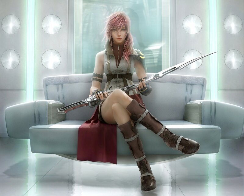 Character with weapon on couch