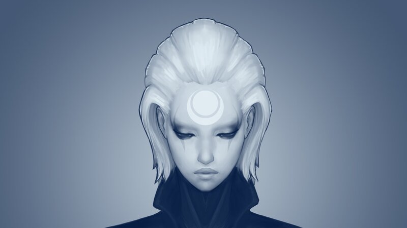 character with white hair and moon symbol
