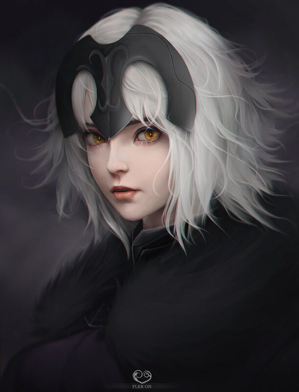 Character with White Hair — Black, Dramatic, Digital Art, White Hair, Yellow Eyes