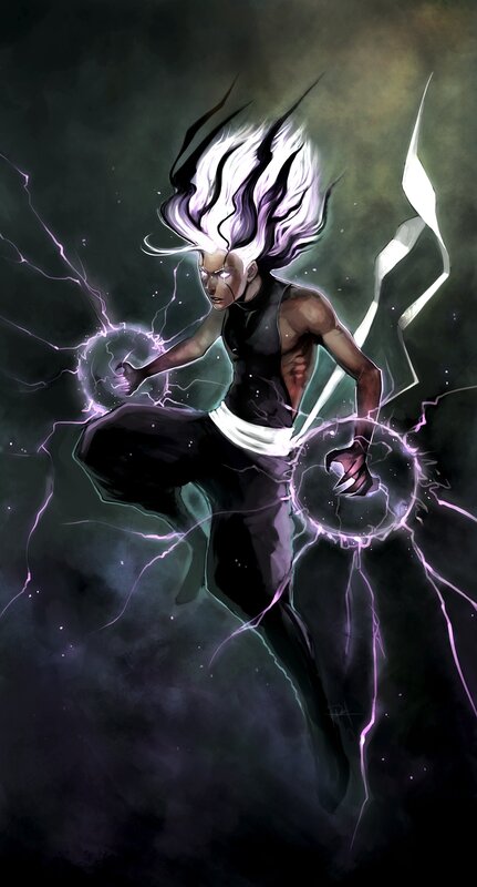 Character with White Hair — Black, Dramatic, Night, Digital Art, Lightning