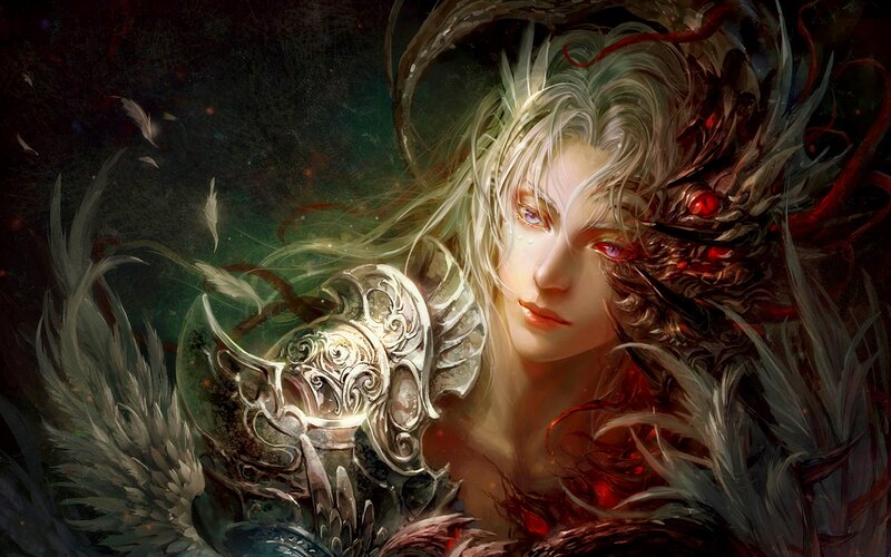 Character with White Hair — Dramatic, Digital Art, Feathers