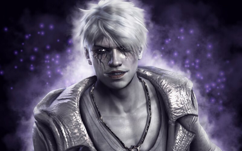Character with White Hair — Purple, Dark, Dramatic