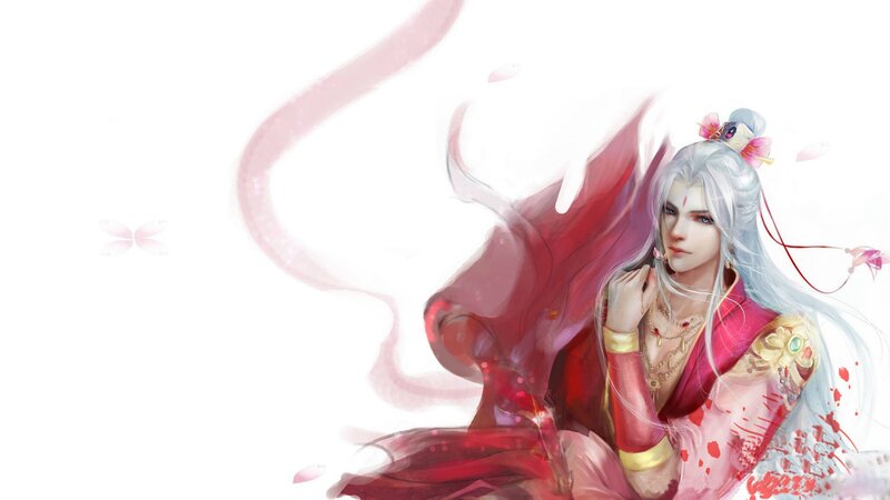 Character with White Hair — Red, Dramatic, Digital Art