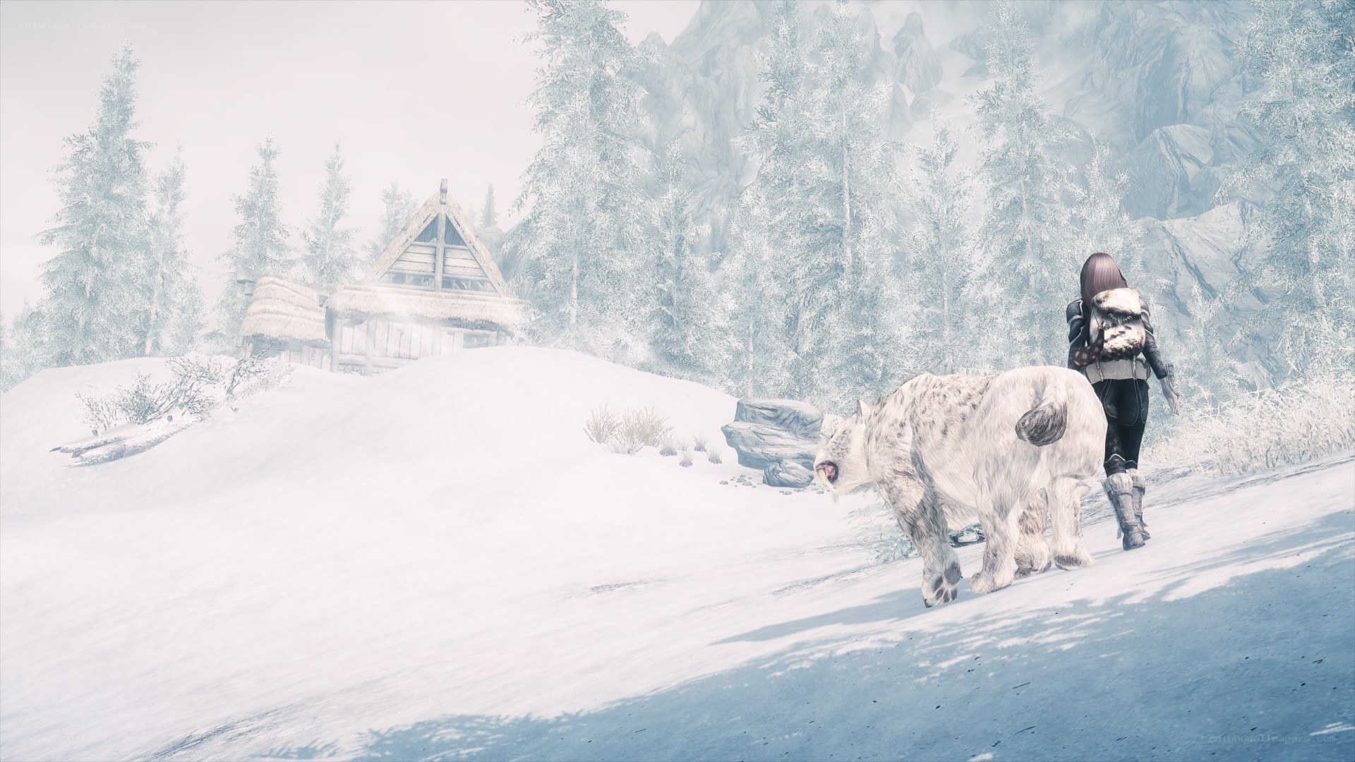 character with wolf in snowy landscape