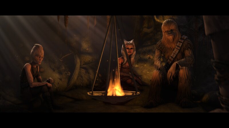 Characters around a campfire